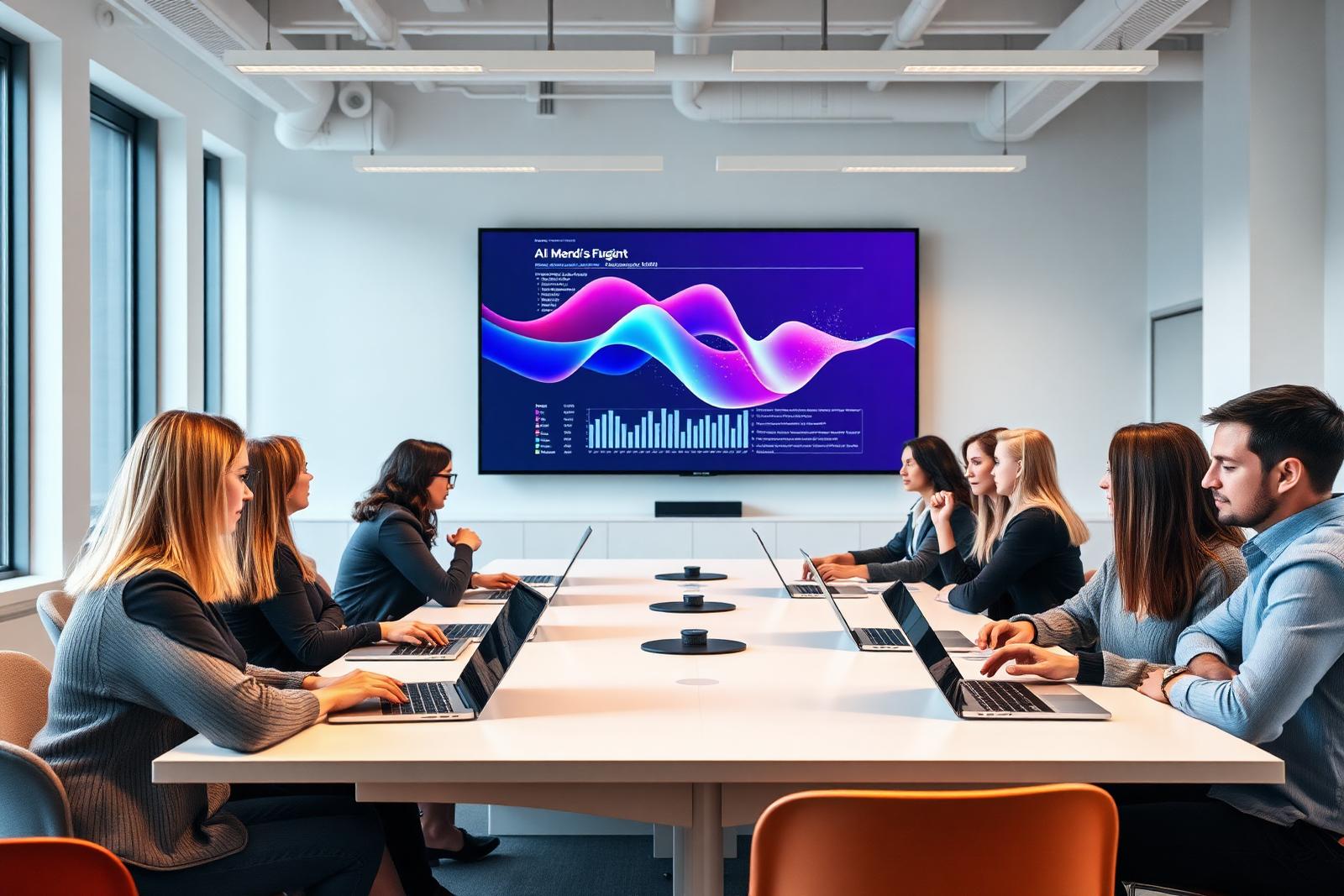 AI-workshop med team runt bord — hybrid utbildning fysiskt och digitalt